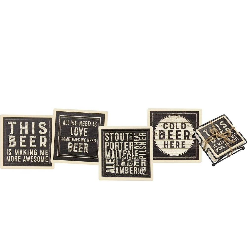 Primitives by Kathy Stoneware Coaster Set - Rustic Beer Themed with wire holder